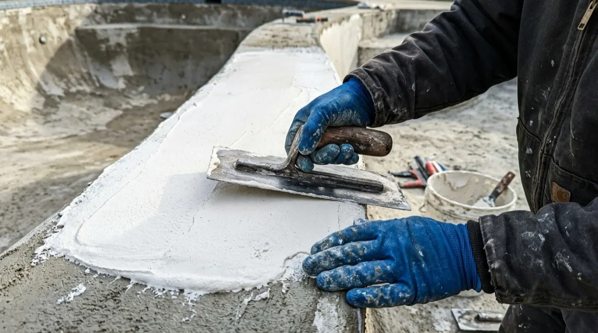 Troweling fresh plaster on the pool wall