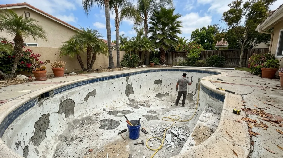 Pool shell chipped and prepped before new plaster